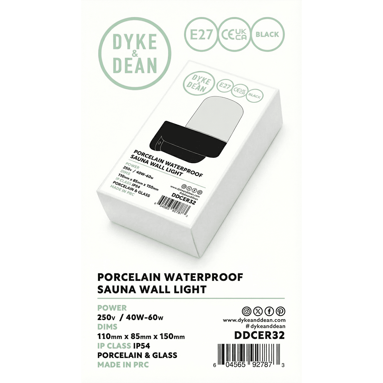 BLACK FROSTED PORCELAIN WATERPROOF SAUNA WALL LIGHT - DYKE & DEAN