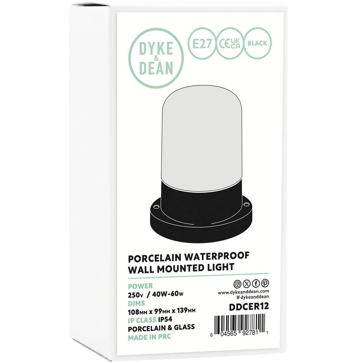 BLACK PORCELAIN GLOBE WATERPROOF WALL LIGHT - DYKE & DEAN