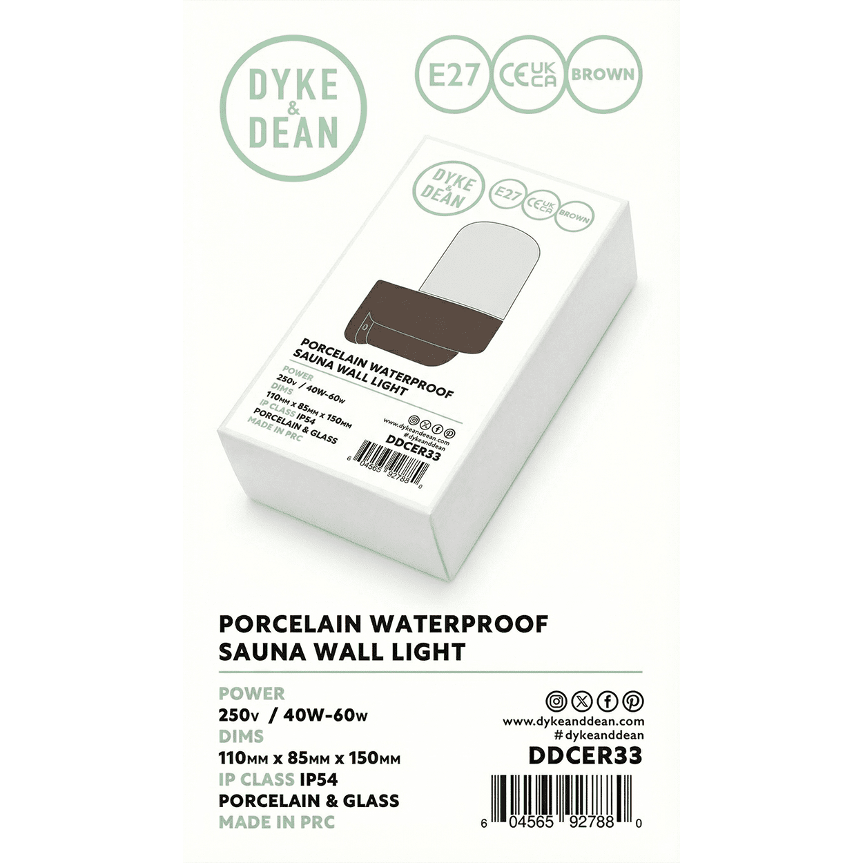 BROWN GLOBE PORCELAIN WATERPROOF SAUNA WALL LIGHT - DYKE & DEAN