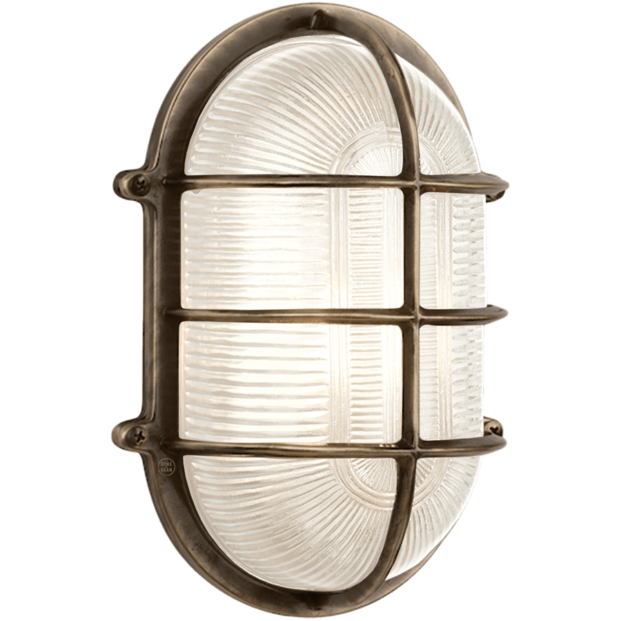 LARGE CAGE OVAL BRUSHED BRASS BULKHEAD LIGHT - DYKE & DEAN