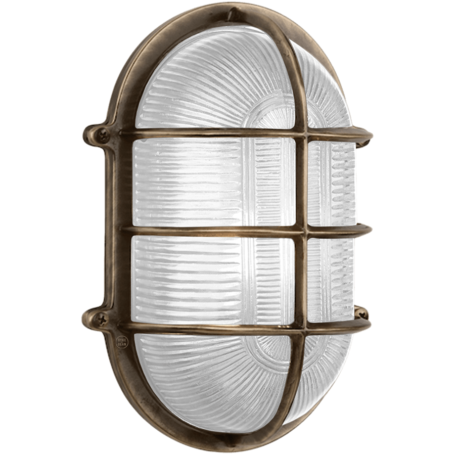 LARGE CAGE OVAL BRUSHED BRASS BULKHEAD LIGHT - DYKE & DEAN