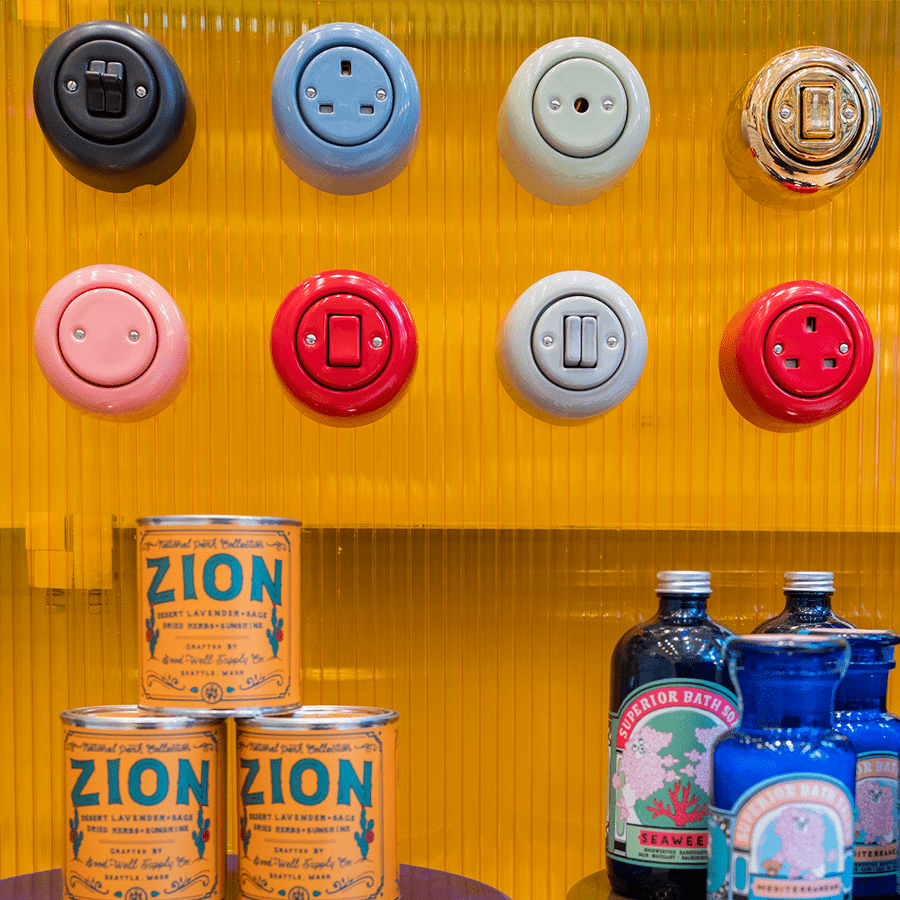 PORCELAIN KATY PATY COLONA ROUND SURFACE MOUNTED DOUBLE TOGGLE BUTTON SWITCH DARK GREY - DYKE & DEAN