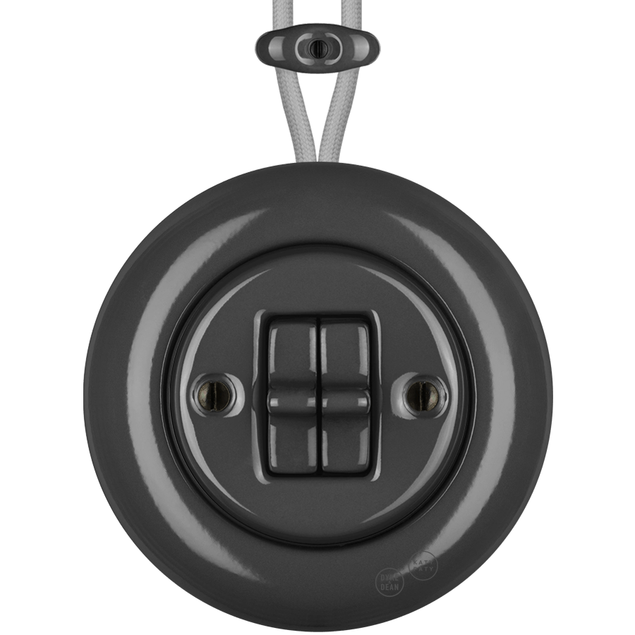 PORCELAIN KATY PATY COLONA ROUND SURFACE MOUNTED DOUBLE TOGGLE BUTTON SWITCH DARK GREY - DYKE & DEAN
