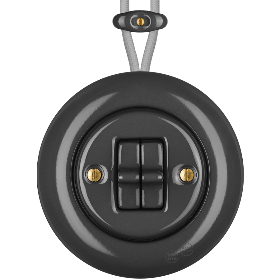 PORCELAIN KATY PATY COLONA ROUND SURFACE MOUNTED DOUBLE TOGGLE BUTTON SWITCH DARK GREY - DYKE & DEAN