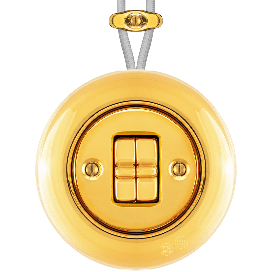 PORCELAIN KATY PATY COLONA ROUND SURFACE MOUNTED DOUBLE TOGGLE BUTTON SWITCH GOLD - DYKE & DEAN