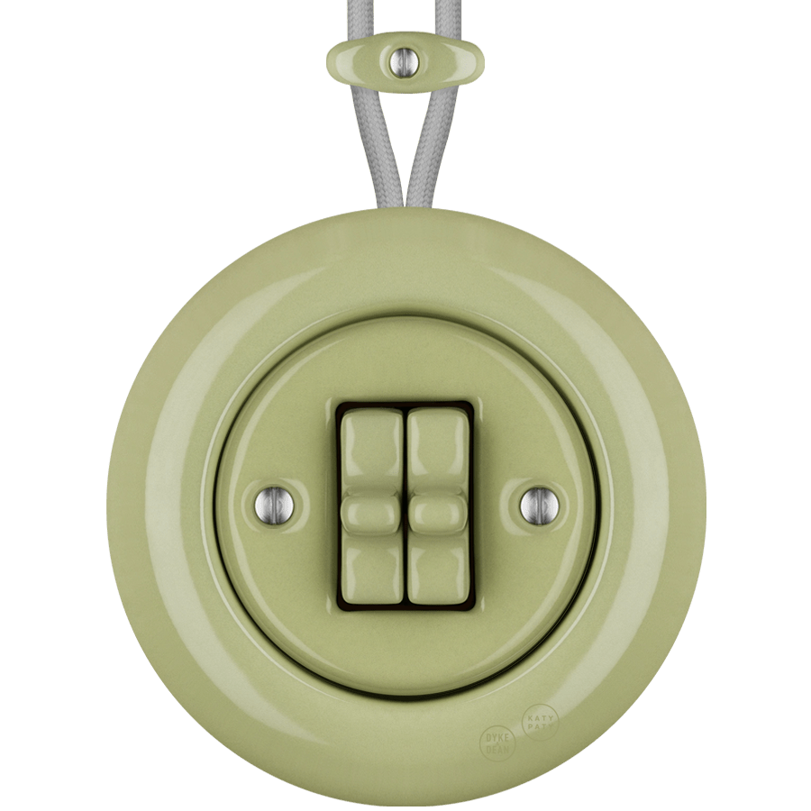 PORCELAIN KATY PATY COLONA ROUND SURFACE MOUNTED DOUBLE TOGGLE BUTTON SWITCH MOSS GREEN - DYKE & DEAN