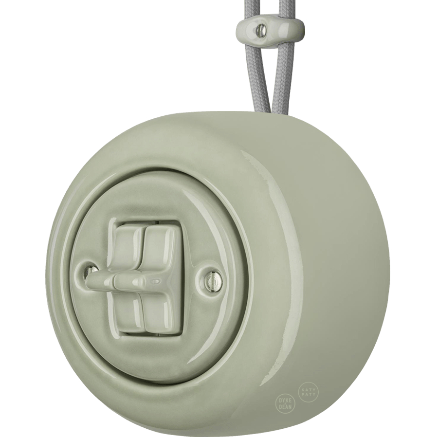 PORCELAIN ROUND SURFACE MOUNTED DOUBLE TOGGLE BUTTON SWITCH GREY GREEN - DYKE & DEAN