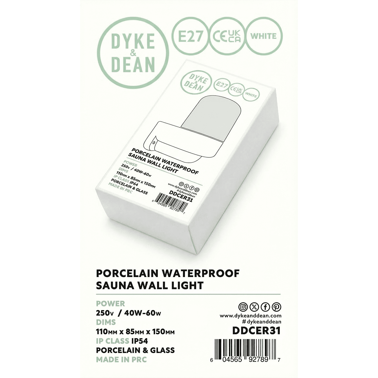 WHITE FROSTED PORCELAIN WATERPROOF SAUNA WALL LIGHT - DYKE & DEAN