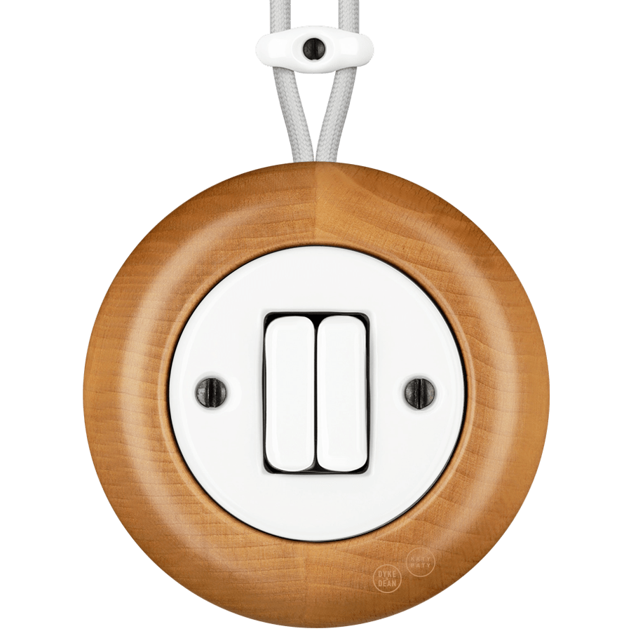 WOODEN PORCELAIN SURFACE MOUNTED FAGUS DOUBLE SLIM BUTTON SWITCH - DYKE & DEAN