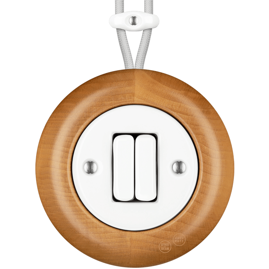 WOODEN PORCELAIN SURFACE MOUNTED FAGUS DOUBLE SLIM BUTTON SWITCH - DYKE & DEAN
