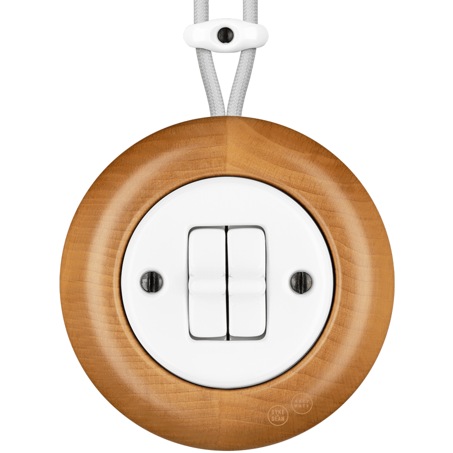 WOODEN PORCELAIN SURFACE MOUNTED FAGUS DOUBLE TOGGLE SWITCH - DYKE & DEAN