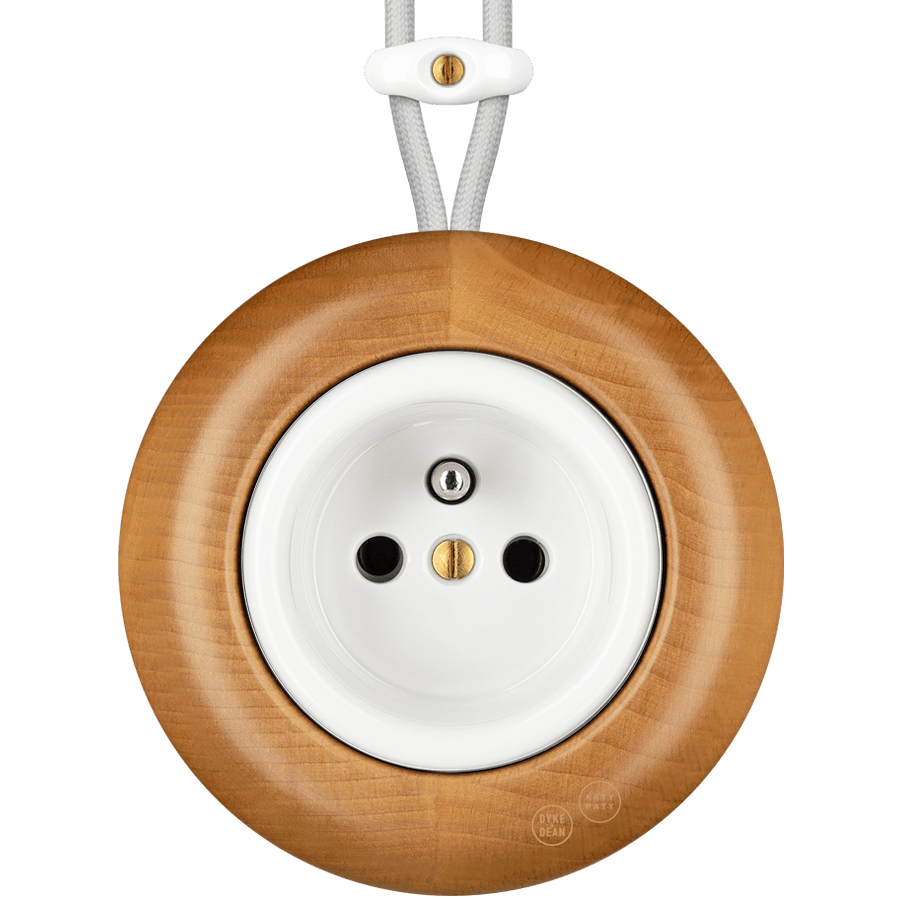 WOODEN PORCELAIN SURFACE MOUNTED FAGUS EURO PIN SOCKET - DYKE & DEAN