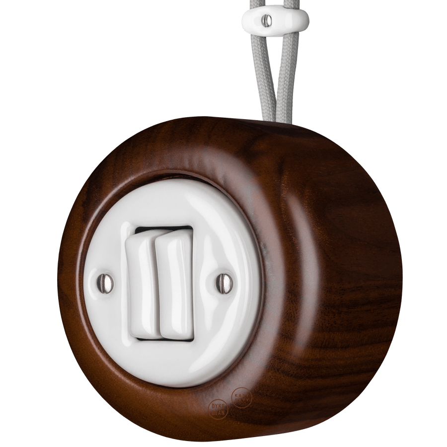 WOODEN PORCELAIN SURFACE MOUNTED NUCLEUS DOUBLE SLIM BUTTON SWITCH - DYKE & DEAN
