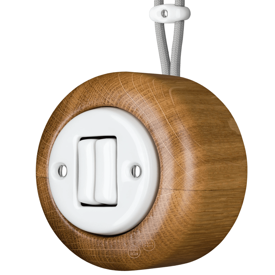 WOODEN PORCELAIN SURFACE MOUNTED ROBUS DOUBLE SLIM BUTTON SWITCH - DYKE & DEAN