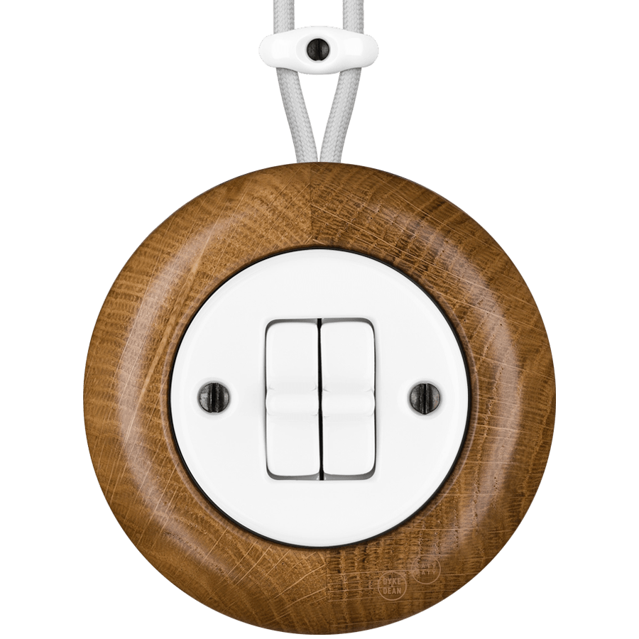 WOODEN PORCELAIN SURFACE MOUNTED ROBUS DOUBLE TOGGLE SWITCH - DYKE & DEAN