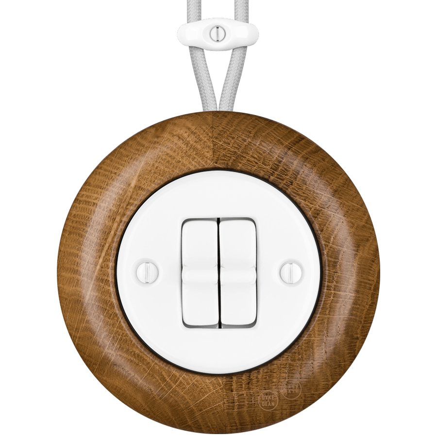 WOODEN PORCELAIN SURFACE MOUNTED ROBUS DOUBLE TOGGLE SWITCH - DYKE & DEAN
