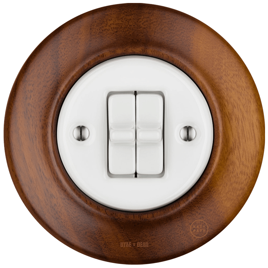 WOODEN PORCELAIN WALL LIGHT SWITCH NUTMAG 2 TOGGLE - DYKE & DEAN